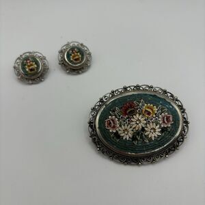VINTAGE ESTATE ITALIAN MICRO MOSAIC BROOCH AND EARRINGS
